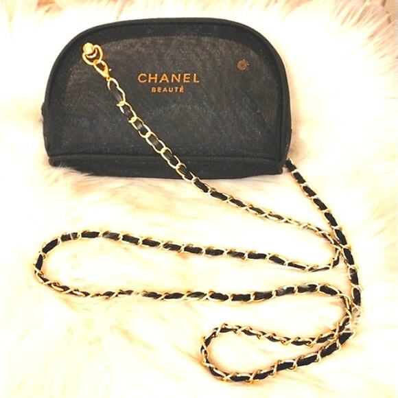 Chanel BLACK MESH CROSSBODY w Gold Weaved Chain Parfums bag converted to SPORTY - Picture 1 of 10